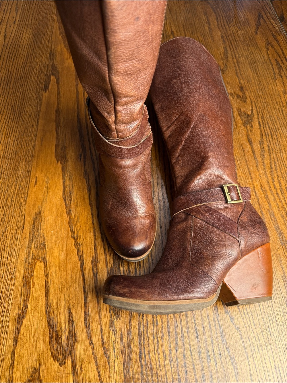 Korks Brown Leather Tall Boots Buckle Straps Chunky Heel Side Zip Boho 37